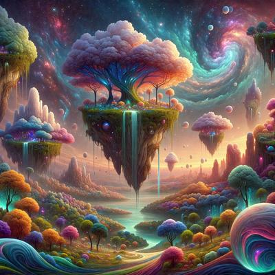 The primary subject of the image is a colorful, whimsical landscape featuring a variety of trees, mushrooms, and other fantastical elements. The setting is a lush, vibrant forest with a waterfall and a sky filled with colorful orbs. The visual style is a combination of digital art and illustration, creating a whimsical and imaginative atmosphere. The colors and mood are predominantly bright, cheerful, and playful, with a sense of wonder and creativity.